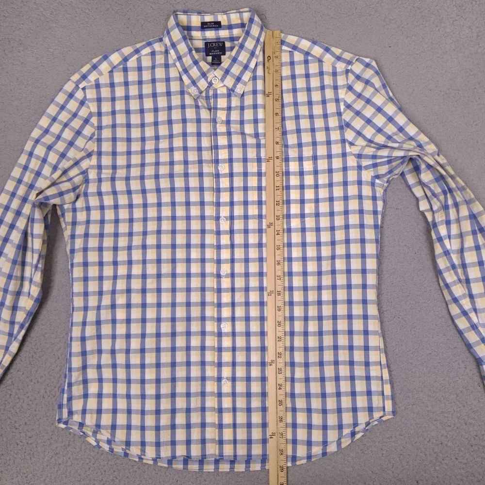 J Crew Shirt Mens Large Blue Yellow‎ White Slim Untucked Flex Washed Preppy